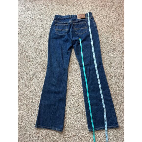 Express Woman's Jeans/Pants size 7/8 LONG/TALL, Dark Blue Denim, Low Rise, Flare - Picture 9 of 11